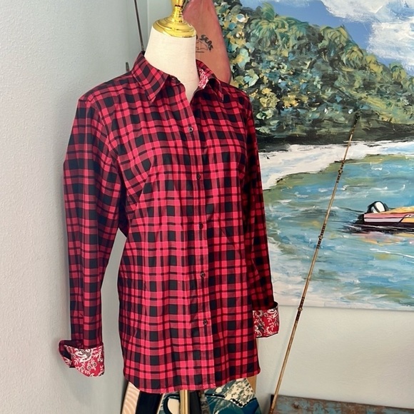 ⭐️Chaps,Ralph Lauren,Top Buffalo Plaid,No-Iron Blouse,Paisley Trim Shirt,Size XL - Picture 5 of 15